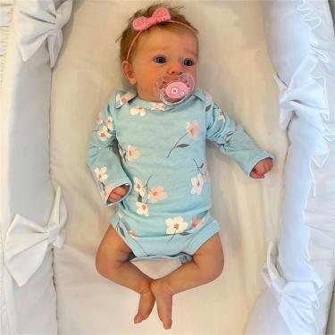 Imagem de QIYANER Bebe Reborn Realista - 48cm 1.5kg Menina, Olhos Azuis Com Tiara Rosa, Roupas Azuis, Lavável, Silicone Sólido