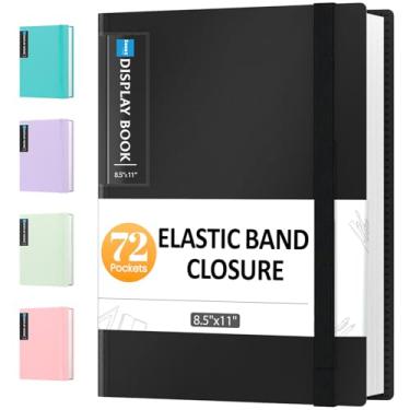 Imagem de Sooez Fichário de 72 bolsos com mangas de plástico e faixa elástica, grande capacidade de 21 x 27 cm, 144 páginas, pasta de documentos de portfólio de arte com protetores de folha transparentes para