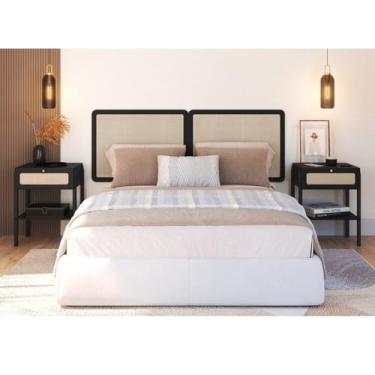 Imagem de Conjunto Cabeceira Casal 160cm e 2 Mesas de Cabeceira 1 Gaveta Pé Madeira Palhinha Oslo Nero Nero/Preto