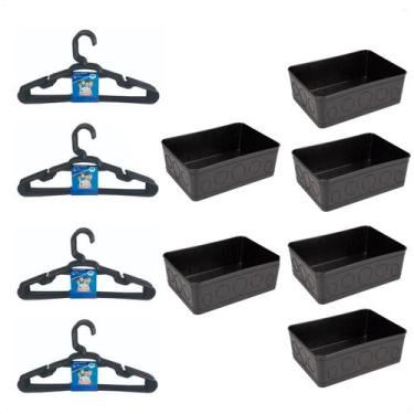 Imagem de Kit 6 Cestos Multiuso Decorativo e 20 Cabides Infantis Preto - 123 Org