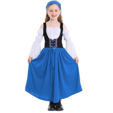 Imagem de Happy Cherry Vestido renascentista para crianças, meninas, vestido de princesa medieval, ombro de fora, manga de sino, vestido vitoriano 4-16 anos, Azul, 14-16 Years