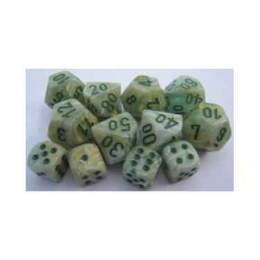 Imagem de Chessex Dice: Conjunto de dados poliédricos de mármore com 7 matrizes – Redemoinho verde multicolorido com pips verde-escuro