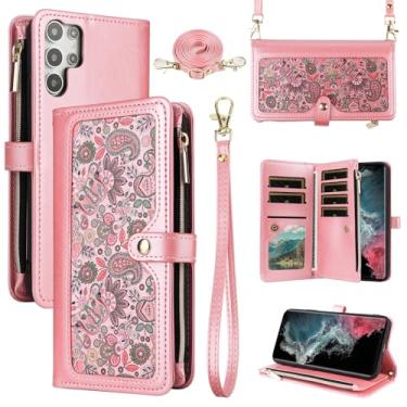 Imagem de Dswteny Capa carteira floral para Samsung Galaxy S24 Ultra 5G com alça de pulso alça de ombro com zíper, suporte para cartão de crédito com suporte para celular para S24Ultra 24S S 24 24Ultra feminino