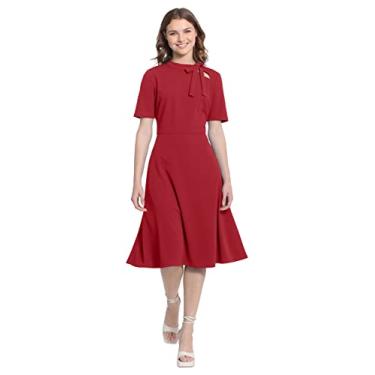 Imagem de Maggy London Vestido feminino de crepe com ajuste de manga curta e flare, Gola amarrada - sálvia escarlate, 40