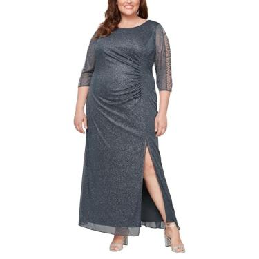 Imagem de S.L. Fashions Vestido feminino plus size longo comprimento franzido cintura formal com contas ilusão 3/4 mangas 3/4, Fumê, 54