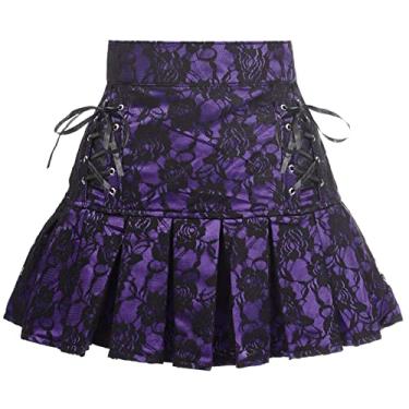 Imagem de Daisy corsets Saia feminina plus size de cetim roxo com renda preta sobreposta com cadarço, Roxo/preto, 6X