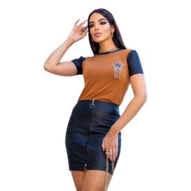 Imagem de Saia Feminina Luxo Preta e Marron Em material ecológico Com Zíper Fron