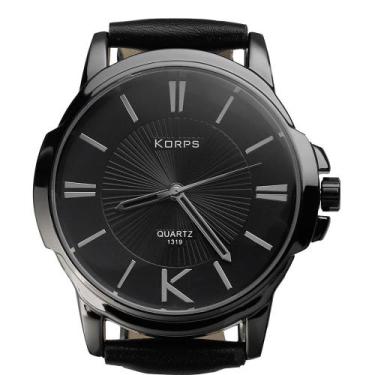 Imagem de Relógio Masculino Luxo Korps 1319 Diamante Negro Pulseira Couro Preta