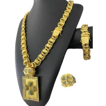 Imagem de Kit Dubai 15mm + Anel e Pingente Trevo - Banhado Ouro 18k - ToJoia18k