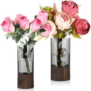 Imagem de Ninehaoou Pacote com 2 vasos artísticos de acrílico de madeira com base de madeira 25,4 cm A, vasos cilíndricos cilíndricos cilíndricos para centros de mesa de casamento, decoração de prateleira de