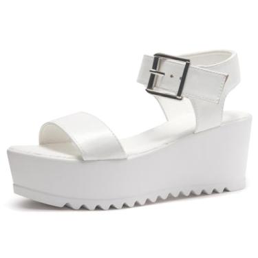 Imagem de Herstyle Carita Sandália plataforma feminina, bico aberto, tira no tornozelo, plataforma plana, casual, preta, branca, plataforma grossa, confortável, leve, sola cavada para o verão, Branco, 40 BR