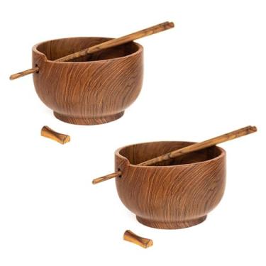 Imagem de Rainforest Bowls Conjunto de 2 tigelas de sopa de ramen de madeira de teca javanesa com pauzinhos de teca - 14 cm de diâmetro - amigável ao calor e ao frio, ultraduráveis - design personalizado