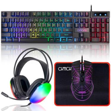 Imagem de CHONCHOW Mouse Headset Combinado, USB Wired RGB Rainbow Backlit Gaming Keyboard and Mice and Over Ear Fone de ouvido com microfone compatível com Xbox One PS4 PC iMac