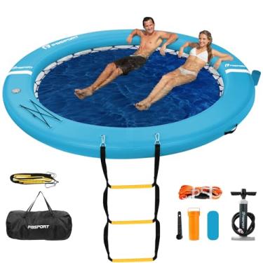 Imagem de FBSPORT Plataforma flutuante de doca inflável, rede de água inflável de 2,4 m, deck flutuante para lago com porta-copos, anel flutuante redondo, anel flutuante Sunchill, boia de piscina, jangada,