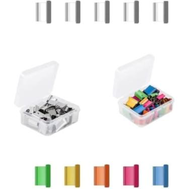 Imagem de 50 clipes organizadores de papel coloridos + 50 prateados com caixa, grampos de metal reutilizáveis, clipe de recarga de moluscos de papel portátil, grampeadores manuais, fichário e clipes de papel