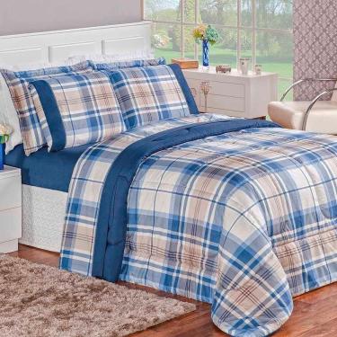 Imagem de Kit Edredom Real Casal Super King Micro Percal 200 Fios 03 Peças Azul Titânio 100% Poliéster