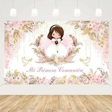 Imagem de MEHOFOND 179,8 x 110 cm Boho Rosa Mi Primera Comunión Banner Fundo com Menina Bohemia Floral Batismo Fotografia Fundo Primeira Comunhão Pombo Batizado Decoração Festa Adereços Foto Adereços