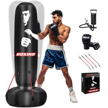 Imagem de Saco de pancadas para adultos, saco de boxe de 180 cm com suporte e corda fixa, saco de pancada independente com luvas e bomba, conjunto de saco de boxe pesado inflável para adultos, adolescentes,