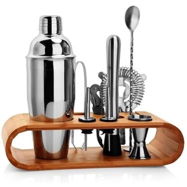Imagem de Kit Coqueteleira Profissional, 8 Peças, Aço Inox com Suporte em Madeira, Shaker 550ml