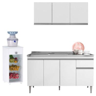 Imagem de Balcão de Pia Tatiane 145 cm e Armário Aéreo Andréia 3 Portas 120 cm com Fruteira Monalise Branco Brilho – ajl