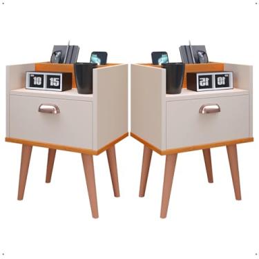 Imagem de KIT 2 Mesa de Cabeceira Compacta Retrô com Suporte para Celular Milena Gaveta e Puxador Concha (OFF/AMADEIRADO)