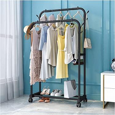 Imagem de LIFOND Cabide para roupa cabide com rodas, cabide de metal resistente para roupa dupla removível com prateleiras, suporte fácil de montar barra para roupa para decoração de quarto, preto B