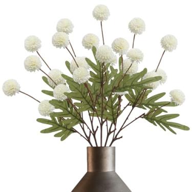 Imagem de 5 peças de hastes de crisântemo de seda branca de 50,8 cm com bolas de pompom para decoração estética de quarto, arranjos florais, mães brancas falsas