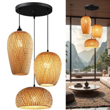 Imagem de GWY Luminárias Pendentes De Bambu, 3 Faróis E26 E27 Retro Rústico Bambu Vime Rattan Tecido Lustre Abajur Luminária Teto Pendurado Luz Para Quarto Restaurante Café Fazenda Casa De Chá Bar Clube