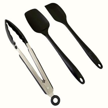 Imagem de Kit 3 Peças: Pegador Silicone + Espátula Pão Duro + Colher - Não Risca Antiaderente (Preto)