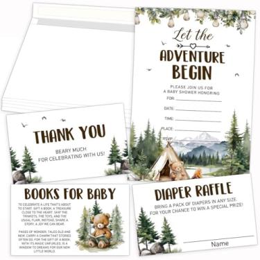 Imagem de LNOKRIM Cartão de agradecimento para chá de bebê, kits de convites para chá de bebê, convites da floresta, bilhetes de sorteio de fraldas e cartões de convite com envelope e cartões de solicitação de