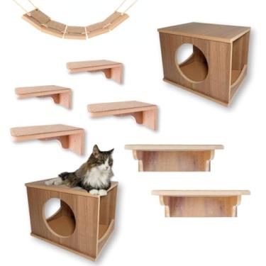Imagem de Playground Para Gatos 9Pçs Acabamento Premium Já Montado Com Kit Fixação e Carpete Antiderrapante Tampa Fechada (Marrom)