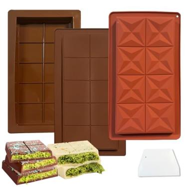 Imagem de Mauts-inus Conjunto com 3 moldes Deep Chocolate Bar Dubai, 2,5 cm de profundidade grande e grossa de silicone para barra de chocolate, molde grosso de silicone para barra recheada, molde grande de
