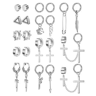 Imagem de Florideco 22 pçs brincos magnéticos de aço inoxidável para homens mulheres corrente cruzada pingente brinco sem piercing brincos de argola huggie conjunto de brincos para homens brincos falsos pretos, Metal, Zircônia cúbica
