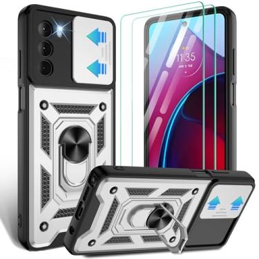 Imagem de Gritup Capa para Moto G Stylus 5G-2022 com capa deslizante para câmera | Pacote com 2 protetores de tela HD | Suporte de metal giratório de 360° | Proteção à prova de choque de grau MIL, prata