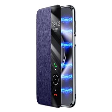 Imagem de HAOMRIYL Capa de couro genuíno para Huawei Pura 80 Ultra/80 Pro+/80 pro/80, capa flip magnética com janela lateral inteligente, textura de grão de lichia, azul, 80 Ultra