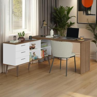 Imagem de Mesa De Estudos Em L 3 Gavetas Branco/rustic Lisboa Madesa