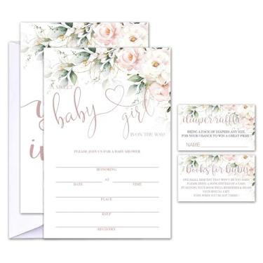 Imagem de Geuro Conjunto de 25 convites para chá de bebê com envelopes, bilhetes de sorteio de fraldas e cartões de solicitação de livro de chá de bebê, flor floral