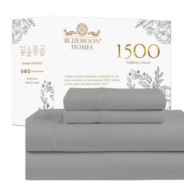 Imagem de Bluemoon Homes Jogo de lençóis Queen Size 100% algodão egípcio, lençol Queen com bolso profundo, 1500 fios macios e ultra macios, 4 peças de lençóis e fronhas duráveis - Cinza escuro