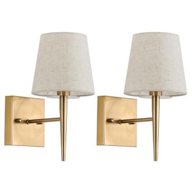 Imagem de EFINEHOME Arandela de parede moderna de meados do século com sombra de tecido bege| Luminária de parede interna dourada antiga 1 luz | Arandelas de parede para banheiro de corredor (conjunto de 2