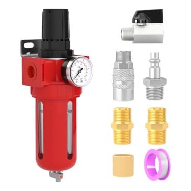 Imagem de MEANLIN Filtro De Umidade Para Compressor Ar Alumínio, Linha Drenagem Manual, Entrada 1/2" Npt Com Manômetro 150 Psi E Interruptor Válvula Desligamento Ferramentas, Pistola Pintura Spray