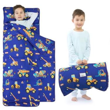 Imagem de UOMNY Tapete de cochilo infantil para meninos e crianças com travesseiro removível e cobertor de engenharia, saco de dormir infantil para creche pré-escolar, escavadeira azul, 133 x 53 centímetros