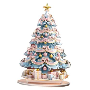 Imagem de IEUDNS Coleção de decorações para árvores de Natal 2D com base para presentes, arte, ornamento de acrílico para mesa de centro, escritório, sala de estar, Azul Rosa