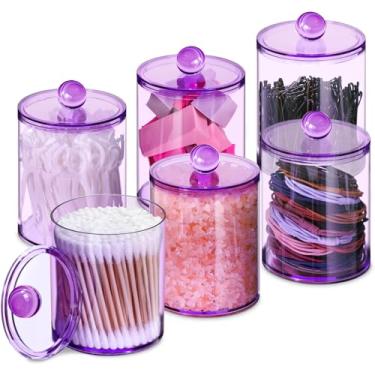 Imagem de XIPENGKEJI Pacote com 6 suportes Qtip, dispensador de frascos de boticário, conjunto de potes de banheiro com tampas para cotonetes, bolas, almofadas, palhetas de fio dental, latas de plástico de 283