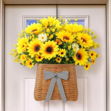 Imagem de Dingion Guirlanda de verão com girassóis artificiais e folhas verdes para pendurar na porta da frente, armários de janelas e decorações de paredes