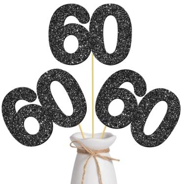Imagem de Bastões de centro de mesa de aniversário de 60 anos com glitter preto, número 60, enfeite de mesa, decorações de festa de aniversário de 60 anos, artigos de festa de aniversário de casamento