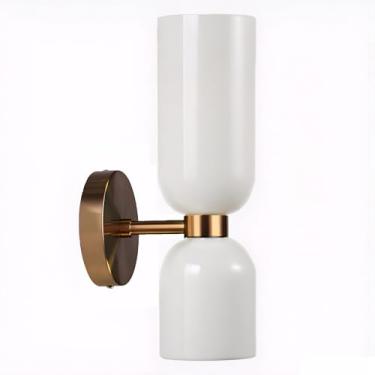 Imagem de XIRYTU-H Arandela de parede moderna de 2 lâmpadas com persianas de vidro, lâmpada de parede E14 para quarto, penteadeira de banheiro, sala de estar, corredor (branco leitoso)