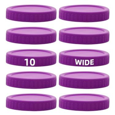 Imagem de 10 tampas roxas de boca larga para mais de 8,5 cm - tampas de armazenamento de plástico branco para potes de conserva de boca larga - à prova de vazamento, grau alimentício, 86 mm (10)