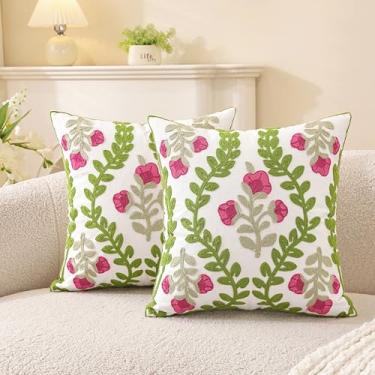 Imagem de TAOSON Pacote com 2, capas de almofada bordadas com estampa de rosas e videiras verdes, capas de almofada de algodão, decoração de casa de fazenda de primavera, presente de dia dos namorados, quadrado