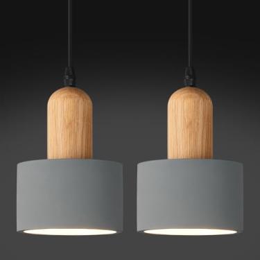 Imagem de LBSQJ Luzes pendentes de cimento moderno lustre cinza lâmpadas de teto de madeira para cozinha, ilha, quarto, sala de jantar, sala de estar, bar (pacote com 2)