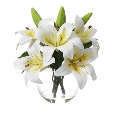 Imagem de Arranjo de flores artificiais de lírio de tigre em vaso de vidro, flores de seda de toque real, lírios brancos com água sintética para escritório, casa, mesa, decoração de casamento
